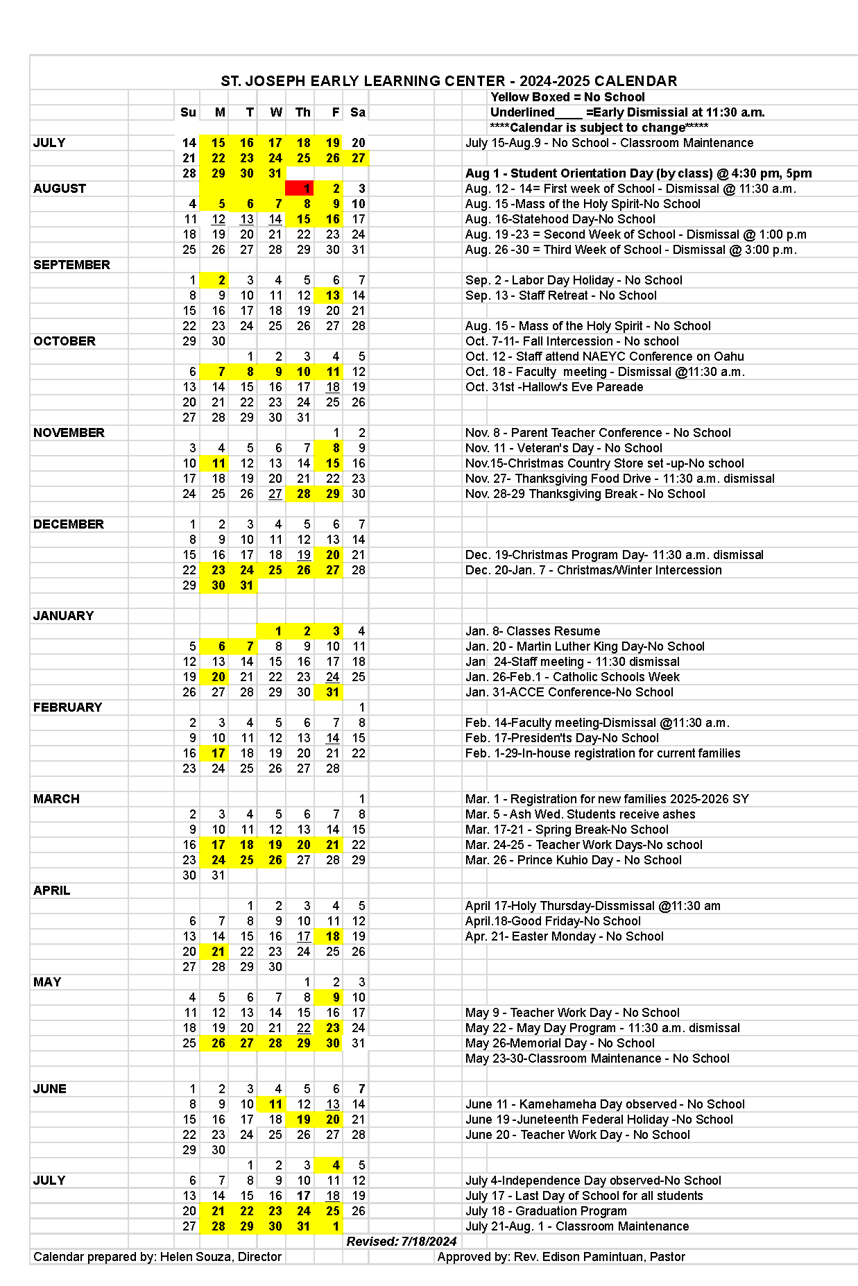 School Year Calendar